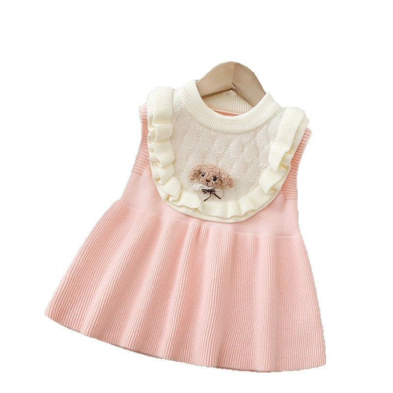 Spring new arrival: sweet cartoon knitted vest dress for little girls