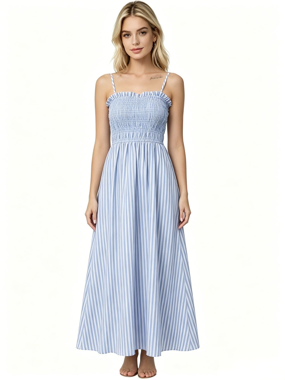 cross-border fashion blue and white striped summer new bandeau cami dress