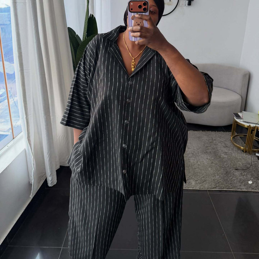 European and american cross-border women's clothing  summer new arrivals: african-style plus size fashion loose striped shirt and wide-leg pants set