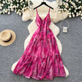 Vacation style v neckhalter suspender dress women's summerk-style sleeveless sexy waist slimming lookprinting long skirt