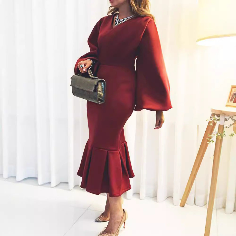 women's spring  new arrivals: european and american fashion plus size v-neck long sleeve sexy mermaid dress - export quality