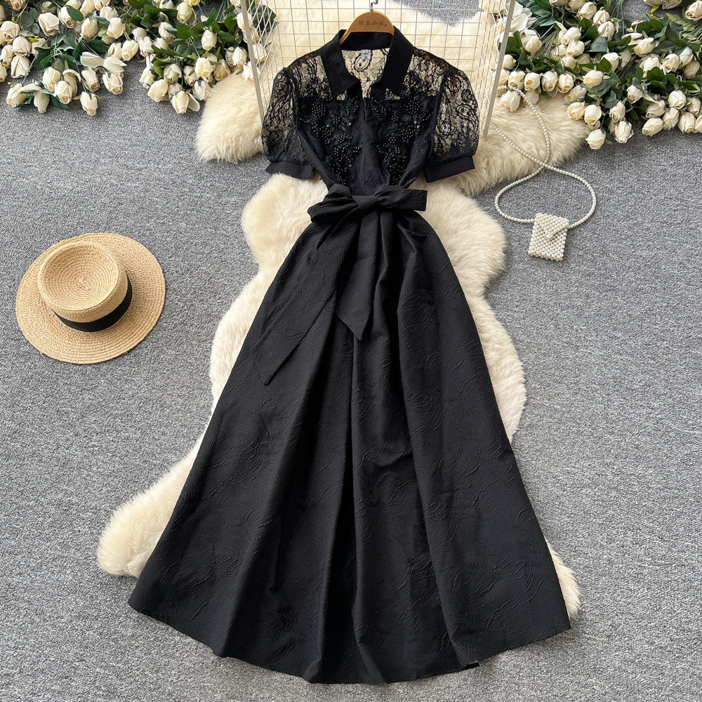 Korean style commute chic white lace elegant dress - women's summer tie-waist a-line dress - slimming and flattering