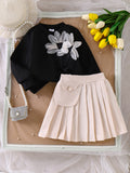Children's clothing cross-border girl suit flower black long sleeves tops pleated skirt