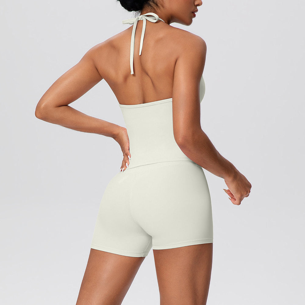 New arrival cross-border pure color brushed beautiful back strap halterhigh waist yoga clothes suit sports running fitness suit for women