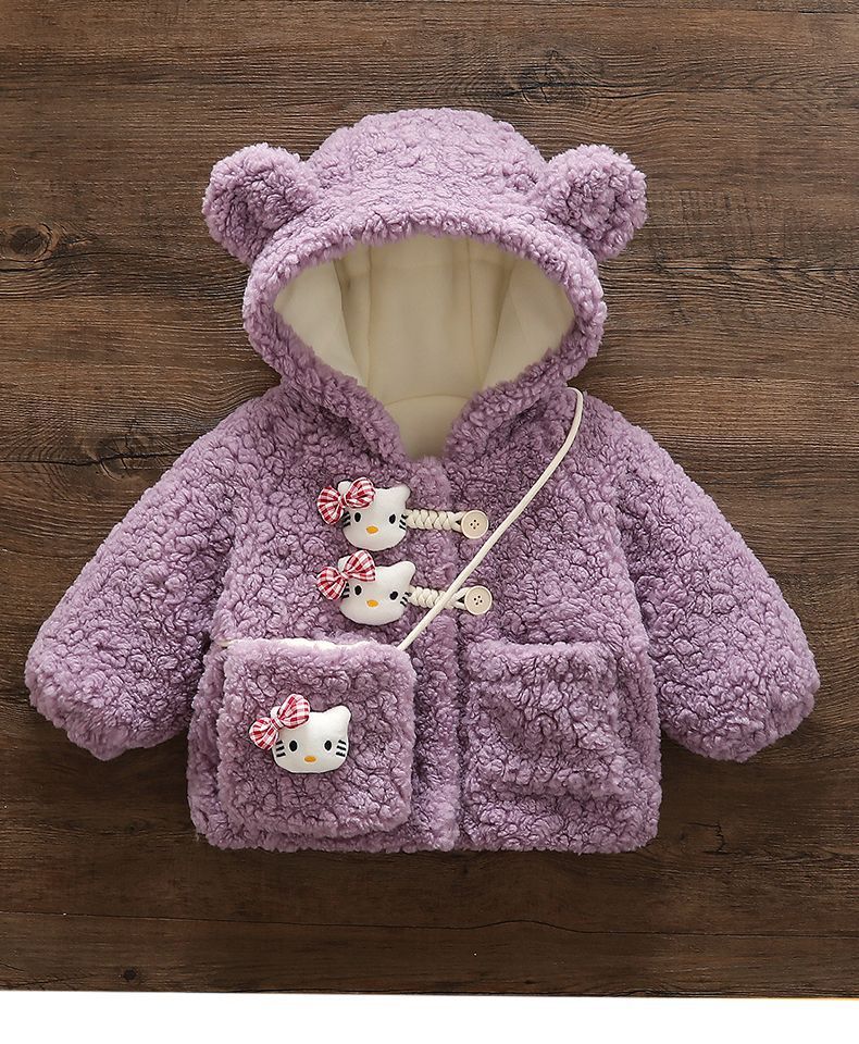 New girls' winter fleece-lined thickened fuzzy sweater, toddler cartoon rabbit cotton jacket, hooded baby girl padded coat - direct from the manufacturer