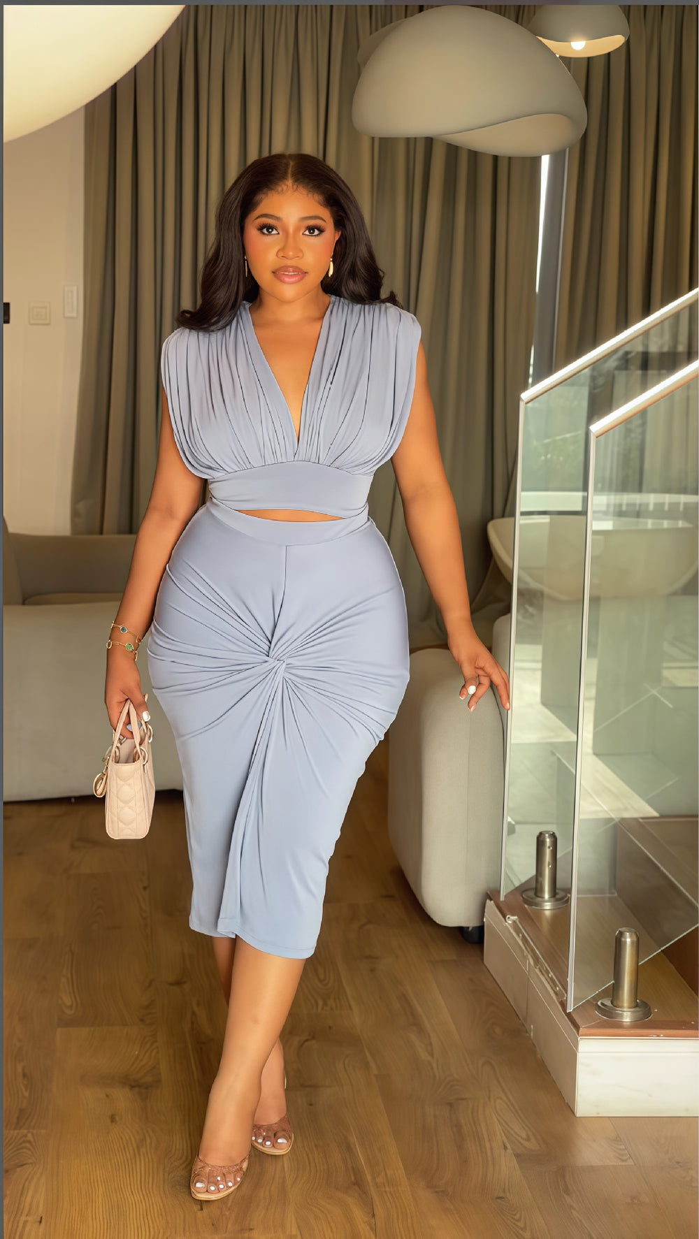 European and american cross-border women's fashion:  spring new arrival - solid color sleeveless ruched v-neck top & sexy bodycon two-piece set