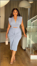 European and american cross-border women's fashion:  spring new arrival - solid color sleeveless ruched v-neck top & sexy bodycon two-piece set