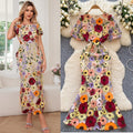 French high-end elegant heavy embroidery floral round neck lantern sleeve cinched waist slimming mermaid tail evening gown dress