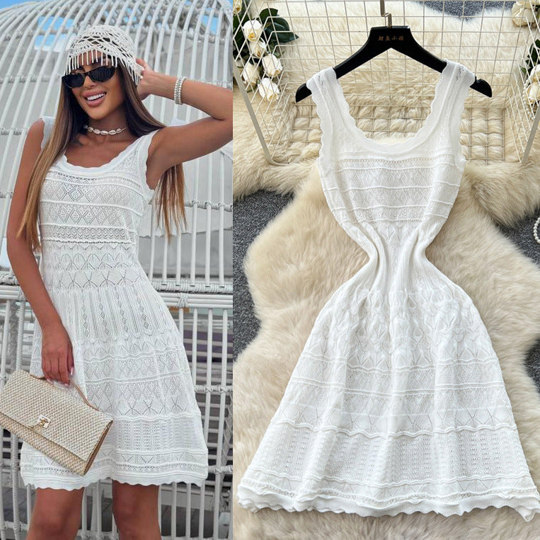 French white sleeveless knittingdress women's summer new arrival cool cut out waist slimming look a-line skirt qianjin style