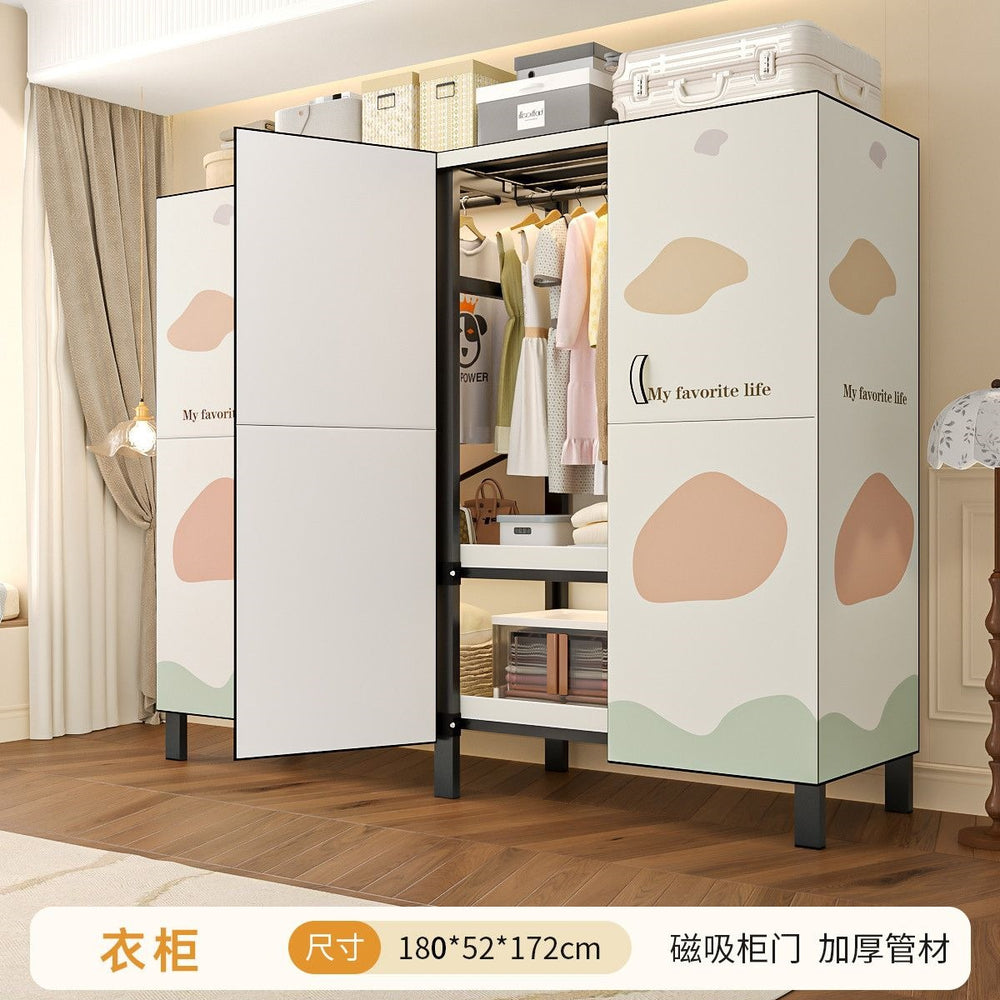 Easy-to-assemble, foldable wardrobe for bedrooms, ideal for home use or rental properties. dustproof, moisture-proof, with reinforced construction, fully sealed, and mildew-resistant. features a convenient swing-out door