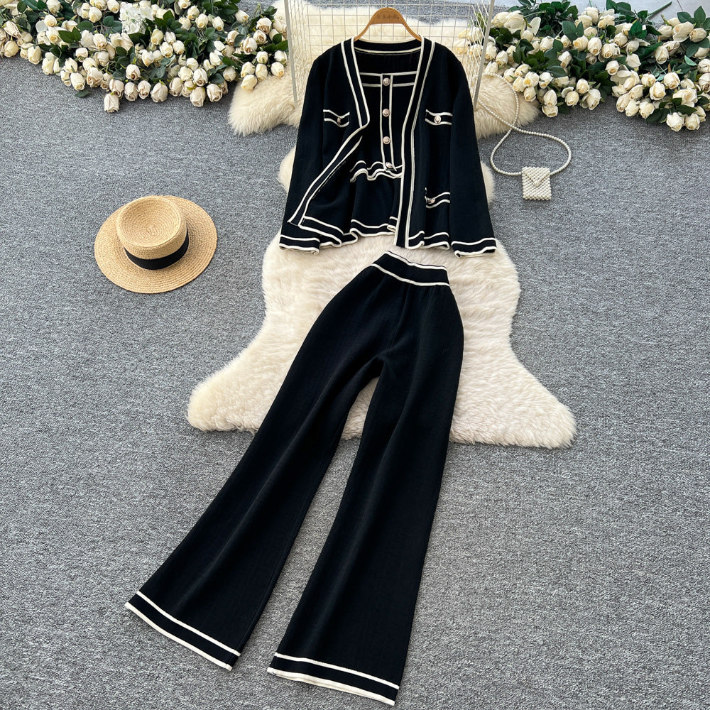 Xiaoxiangfeng fashionablesuit women's contrast color camisole knittingcardiganoutwearhigh waistloose pants three-piece set