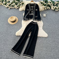 Xiaoxiangfeng fashionablesuit women's contrast color camisole knittingcardiganoutwearhigh waistloose pants three-piece set