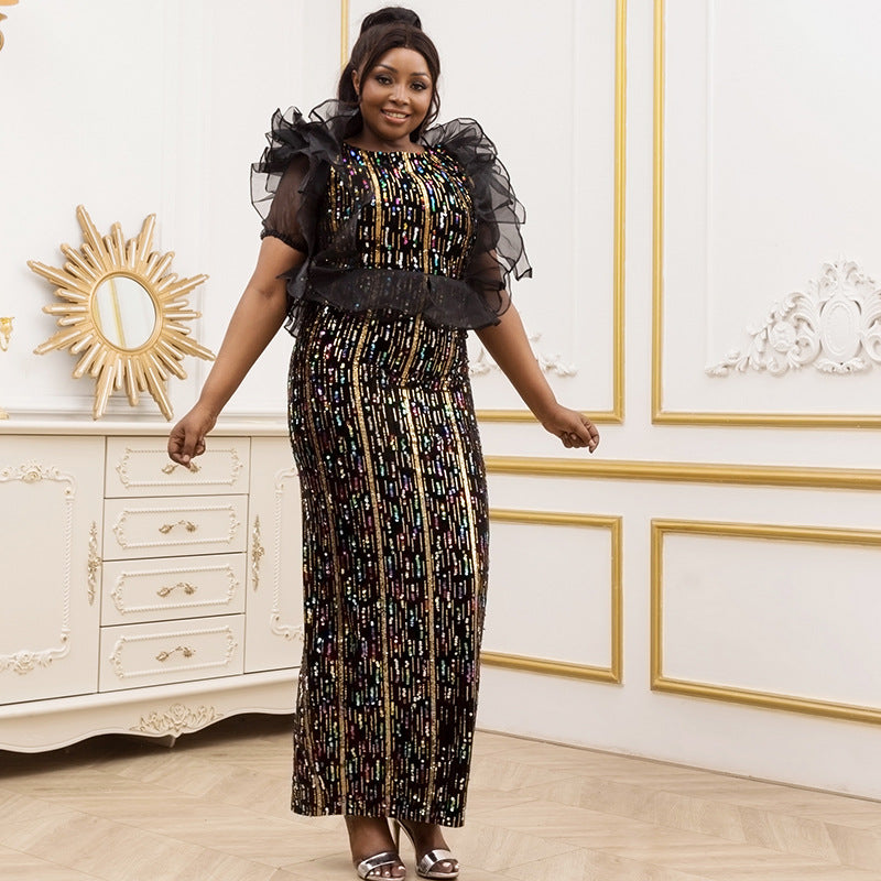 African cross-border sourcing:  new stretch sequin short-sleeve mermaid maxi dress evening gown fashion women's clothing