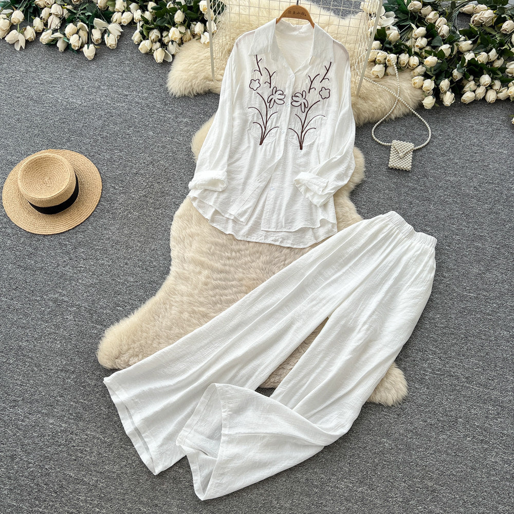 Lazy style pink embroideringshirtloose pantstwo-piece set female autumcasualcasualwork clothingslimming lookelegantsuit