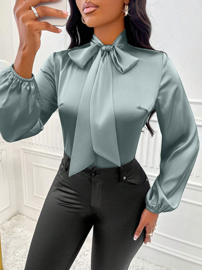 Independent station women's clothing  cross-border export spring new satin shirt  bow long sleeve top