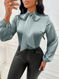 Independent station women's clothing  cross-border export spring new satin shirt  bow long sleeve top