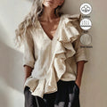 exclusive supply to europe and the us:  summer french ruffle plaid shirt, v-neck, loose fit, mid-sleeve cotton linen top