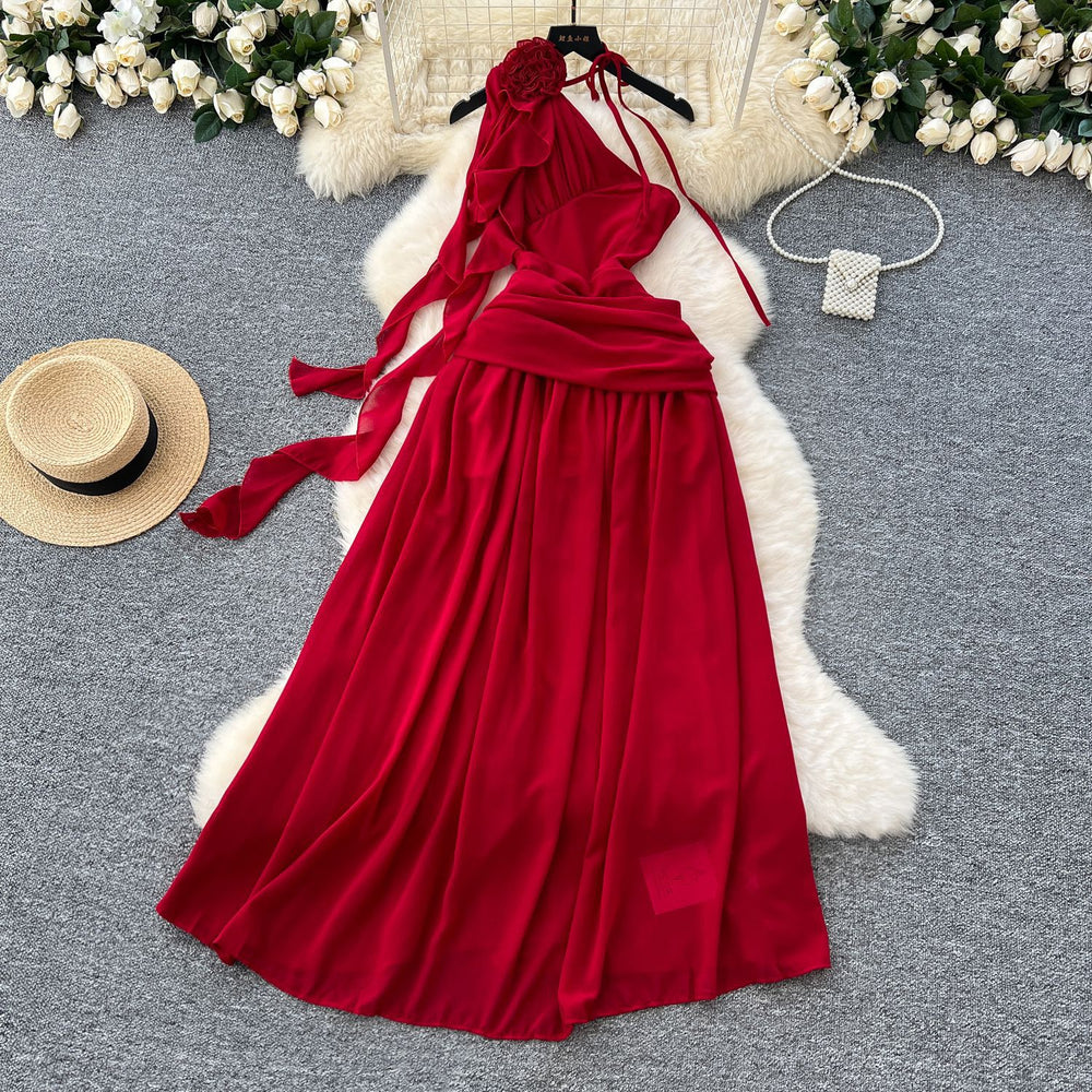 Vacation style dresssummernew arrival socialite stereo flower oblique collar off-shoulder sleeveless waist draped large swing long skirt
