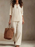 european and american plus size off-white v-neck mid-sleeve two-piece set: relaxed fit top and wide-leg pants