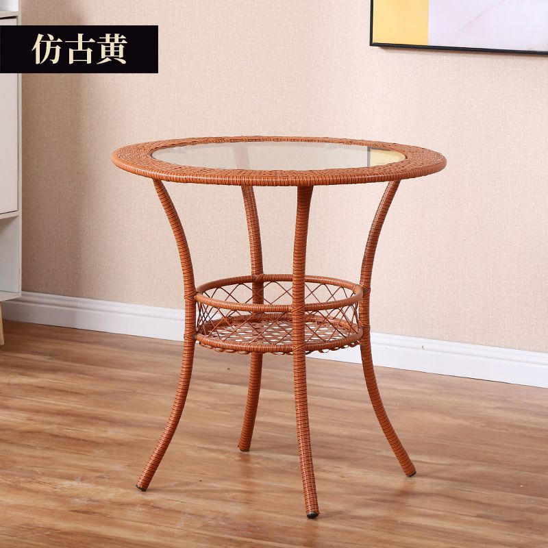 Minimalist balcony leisure storage small round table mini rattan woven tempered glass coffee table round small coffee table set