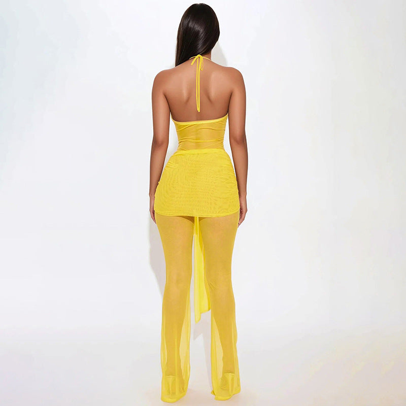 summer new arrivals: trendy and chic open-bust, figure-flattering, tie-up back, suspender strap, mesh, flare leg jumpsuit