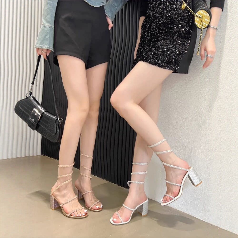 2026 european and american chunky heel rhinestone ankle strap sandals - women's casual plus size (up to size 41) wrap-around sexy high heels