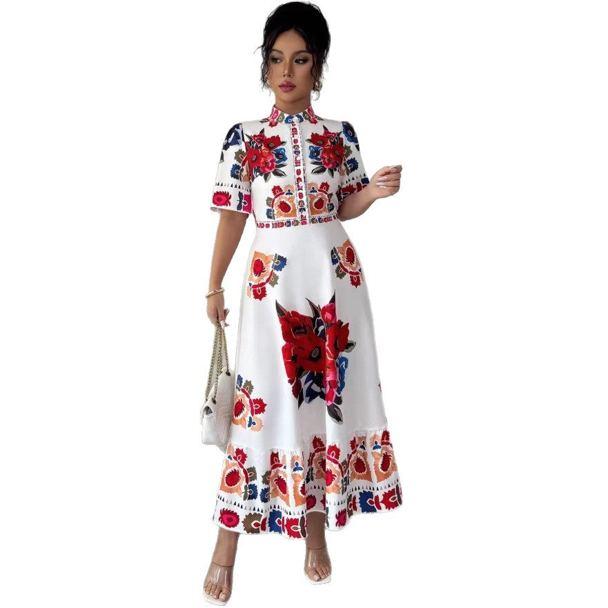 new european and american style printed elegant dress