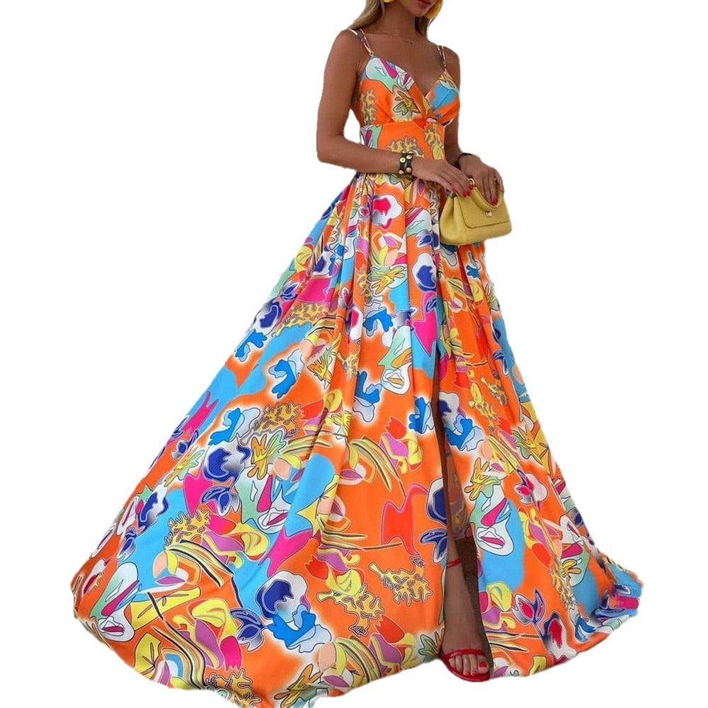 Y9284  cross-border summer new european and american women's chiffon printed dress - bohemian vacation style