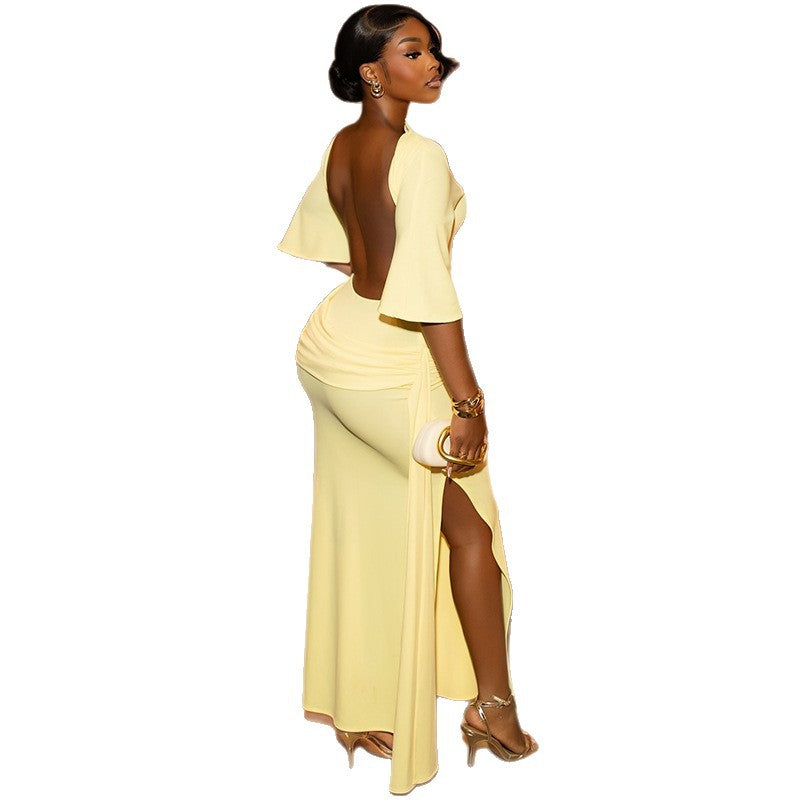 European and american cross-border women's fashion:  autumn new arrivals - sexy backless, elegant, slim-fit, slit yellow dress