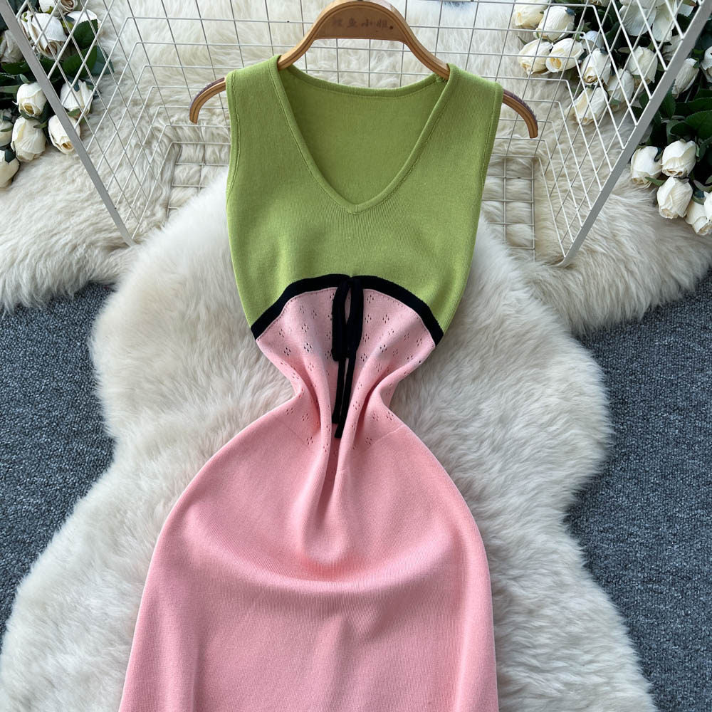 Frenchcontrast colorv neck sleeveless sweetdress women's spring and summerhigh waist silmslimming look a-line skirt work clothingelegant long skirt