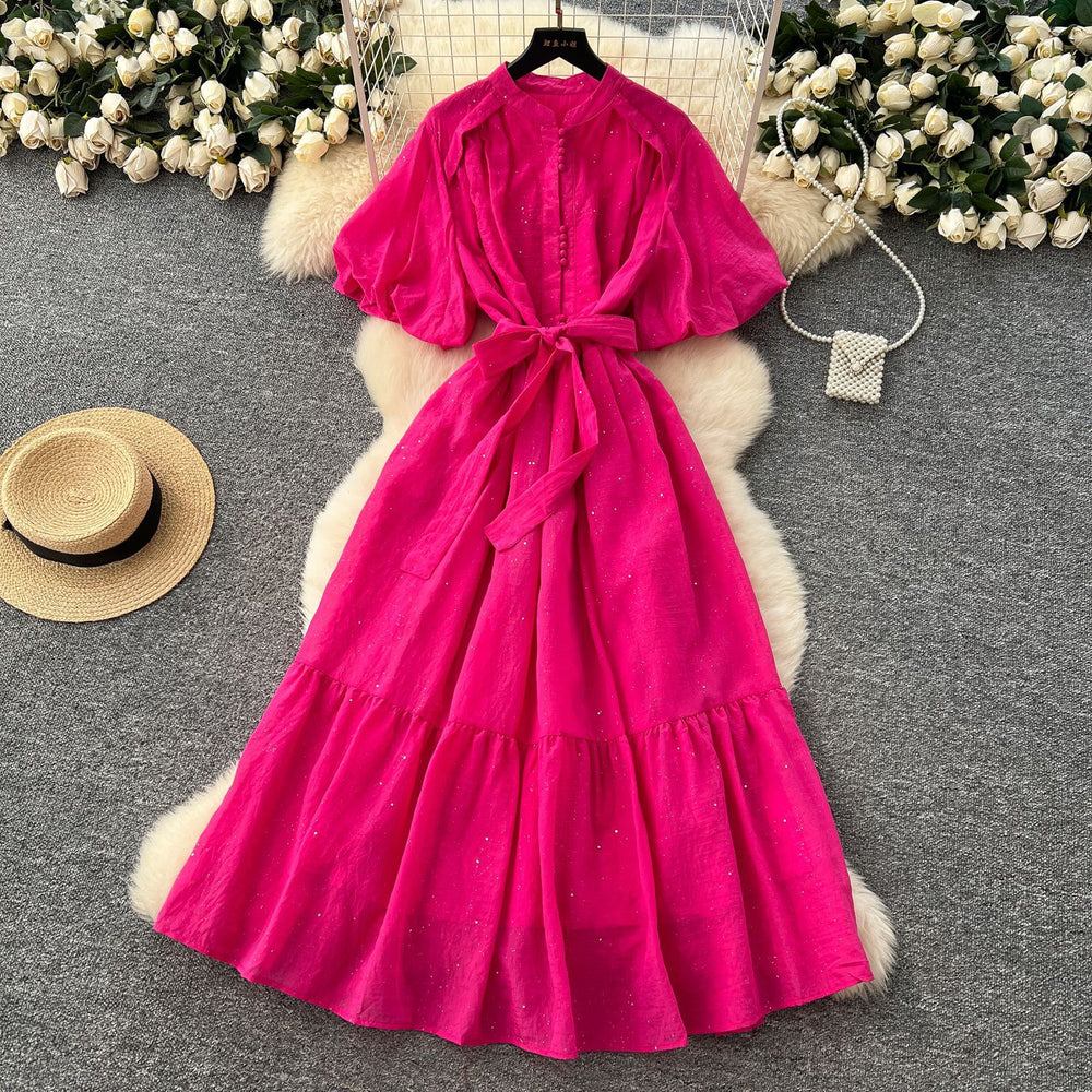 French fashion stand collar lantern sleeve tie-waist dress - slimming, elegant, sparkling ruffle hem maxi dress