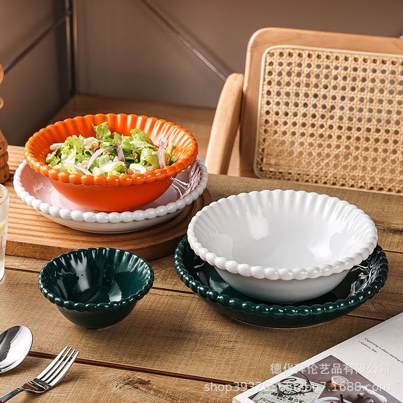 Insfrench creative pearl edge bowl, plate and dish tableware combination restaurant for home dessert oatmeal rice bowl suit