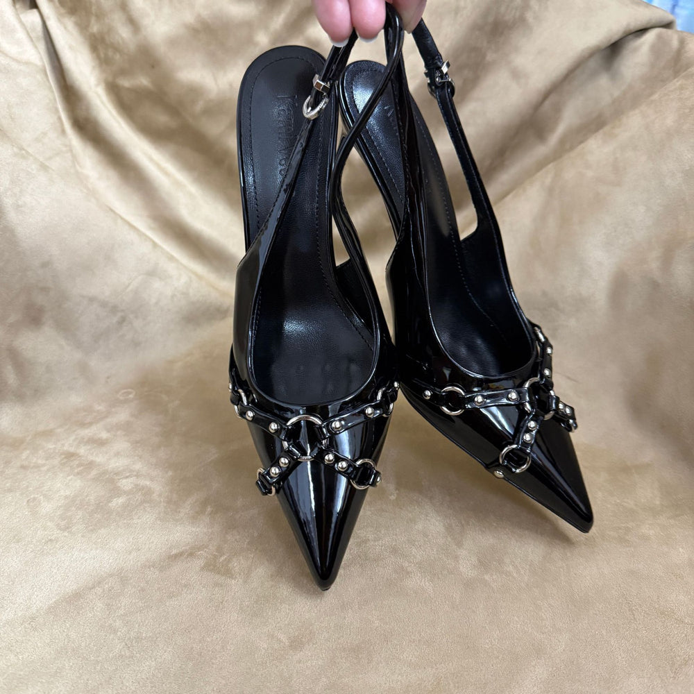 2026 summer new arrival: black stiletto heel sandals with rivet detail, buckle closure, pointed toe, closed back, and open heel – perfect for evening wear