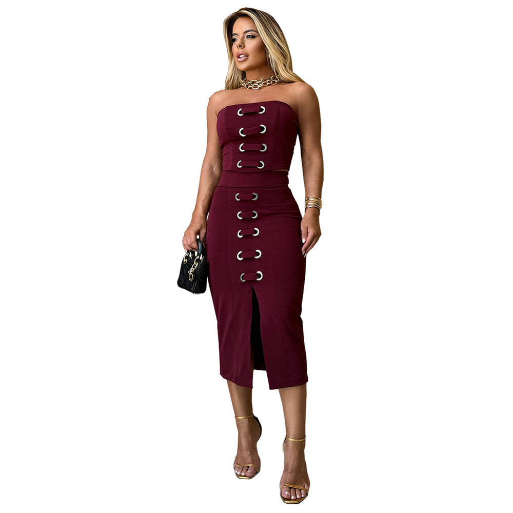 C7321 european and american style skirt set - sexy bandeau top & slit midi skirt - elegant & fashionable summer collection - cross-border women's apparel