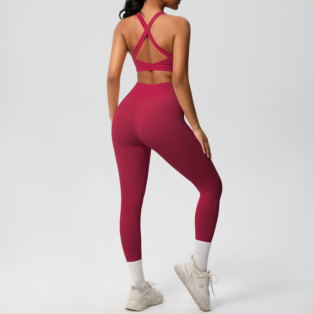 fashionpure color double-sided brushed back cross sports intimates yoga suit running fitness two-piece set