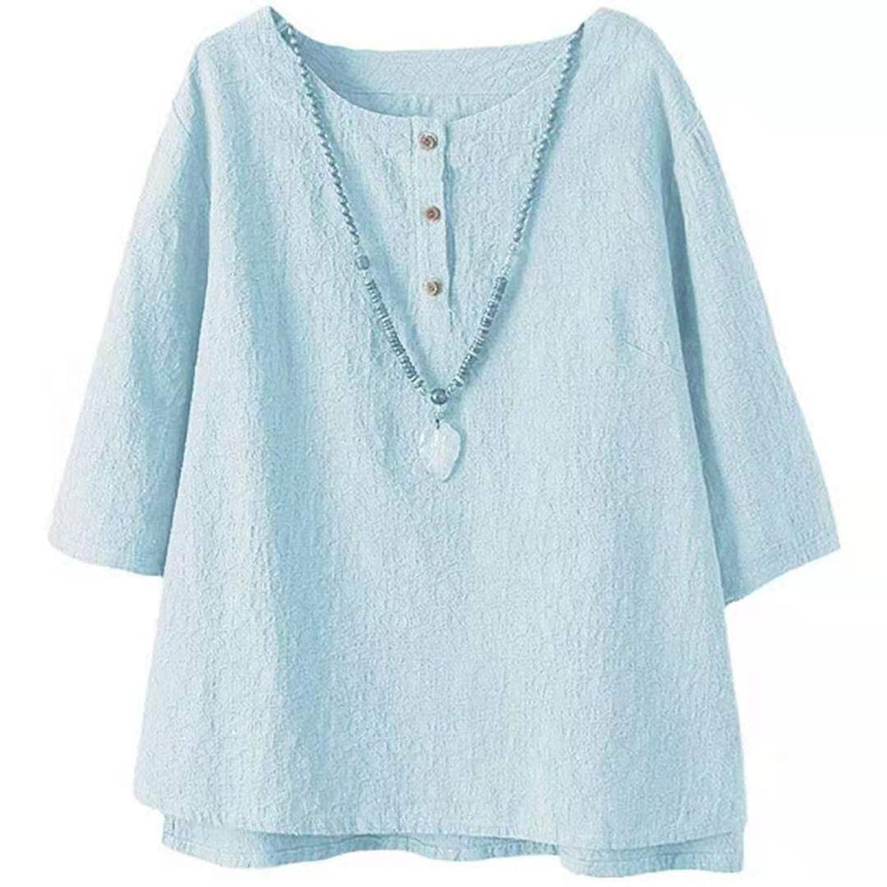 2025 cross-border amazon fashion women's round neck mid-sleeve solid color snap button cotton linen t-shirt - loose fit trendy brand