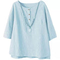 2025 cross-border amazon fashion women's round neck mid-sleeve solid color snap button cotton linen t-shirt - loose fit trendy brand