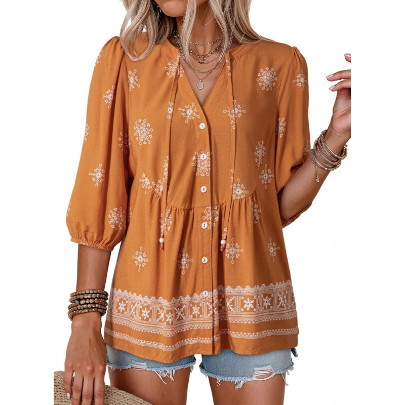 summer bohemian floral short sleeve button-down v-neck ruffle trim babydoll casual loose shirt