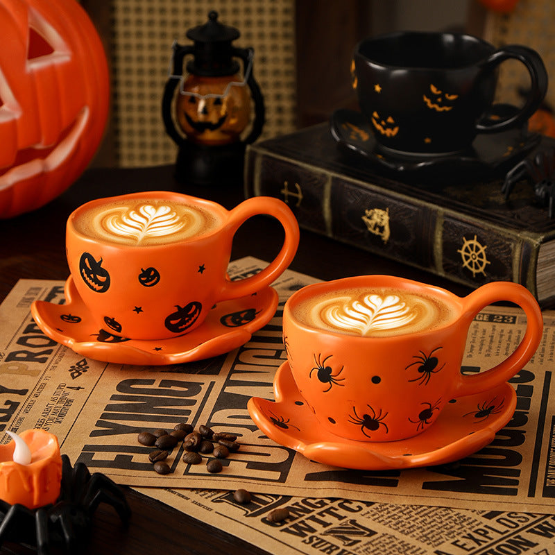 Creative halloween-themed ceramic cup and saucer set, featuring an irregular design with pumpkin and bat motifs. perfect for coffee or tea