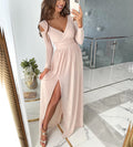 new arrivals for independent stores, , and : women's long-sleeved v-neck solid color dress with slit hem - autumn/winter collection