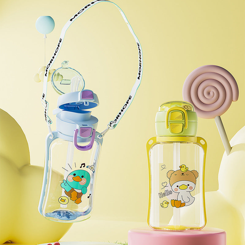 Fresh cartoon pop-top straw cup for home student kids convenient leak-proof strap carrying rope resistant to falling cute water cup