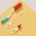Baby cleaning brush set - includes cup brush, straw brush, storage box, base, silicone nipple brush, and bottle brush