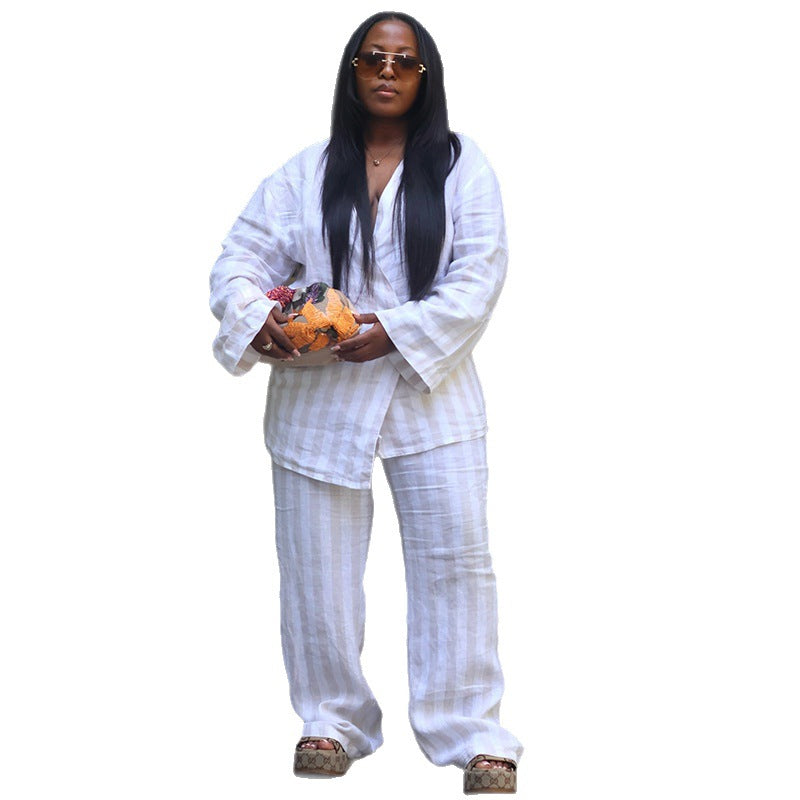 European and american cross-border african women's fashion  autumn new collection: striped v-neck long sleeve shirt and wide-leg pants set
