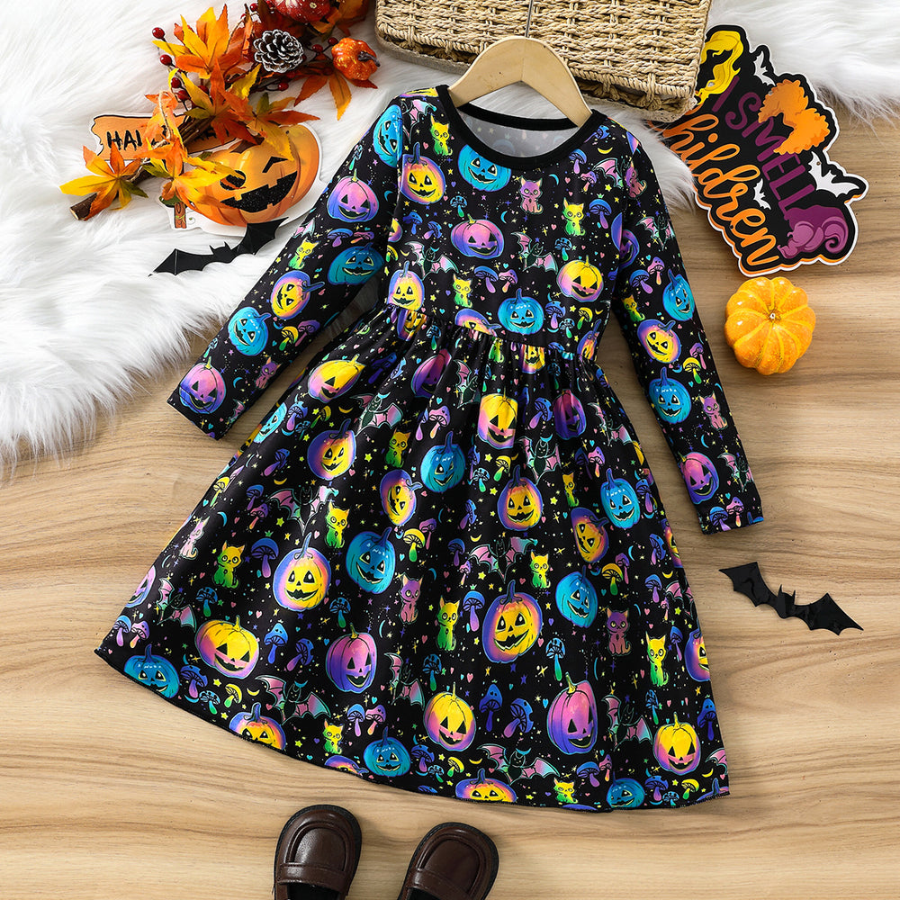 girls' halloween dress - solid color, all-over pumpkin head print, creative glow-in-the-dark party long-sleeve dress for kids