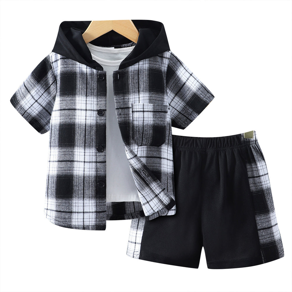 e-commerce special summer plaid plaid children's hooded short-sleeved shirt suit