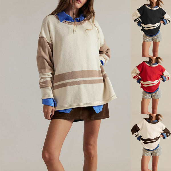 New 2025 autumn and winter pullover sweater European and American women's clothing  hot sale color matching round neck loose versatile knitted sweater