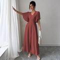 cross-border fashion: european & american  style - elegant deep v-neck solid color single-breasted waist-cinching women's short-sleeve top