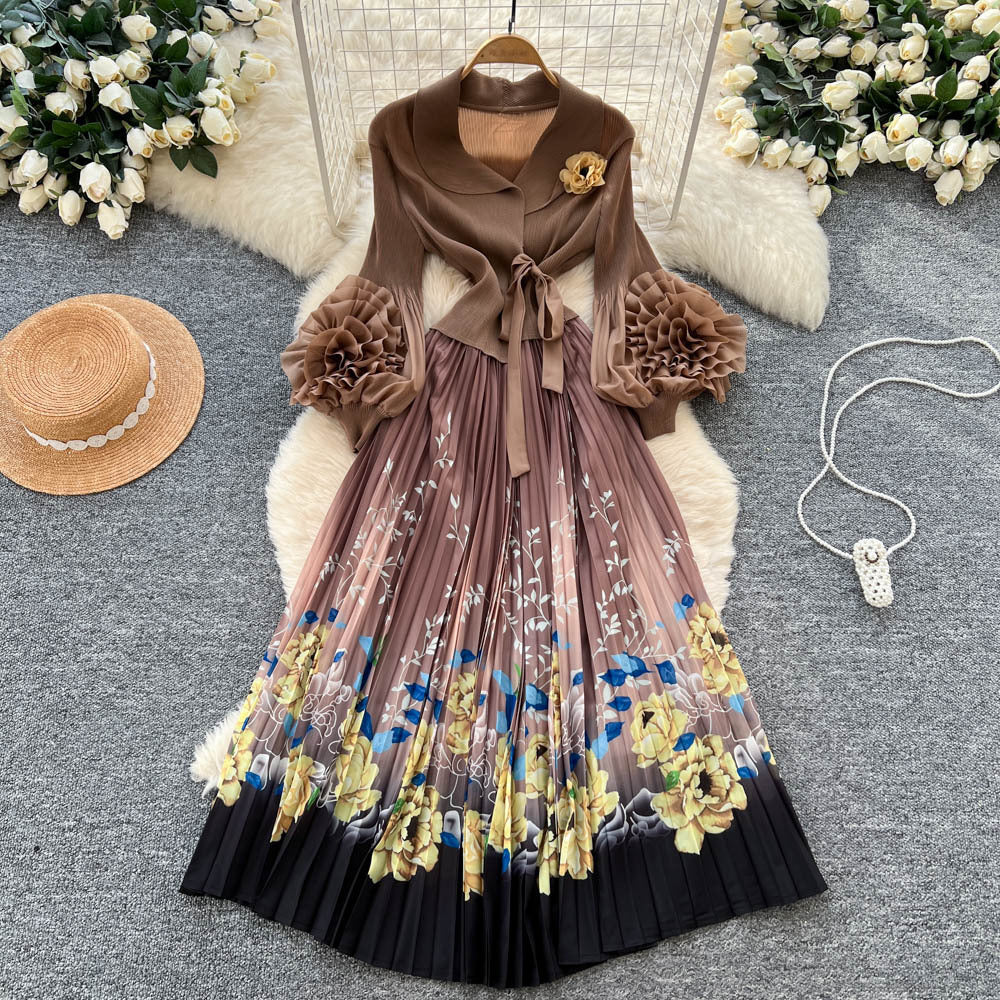 Miya pleated dress women's autumn fashion european and american style 3d floral lantern sleeve tie-waist printed pleated maxi dress