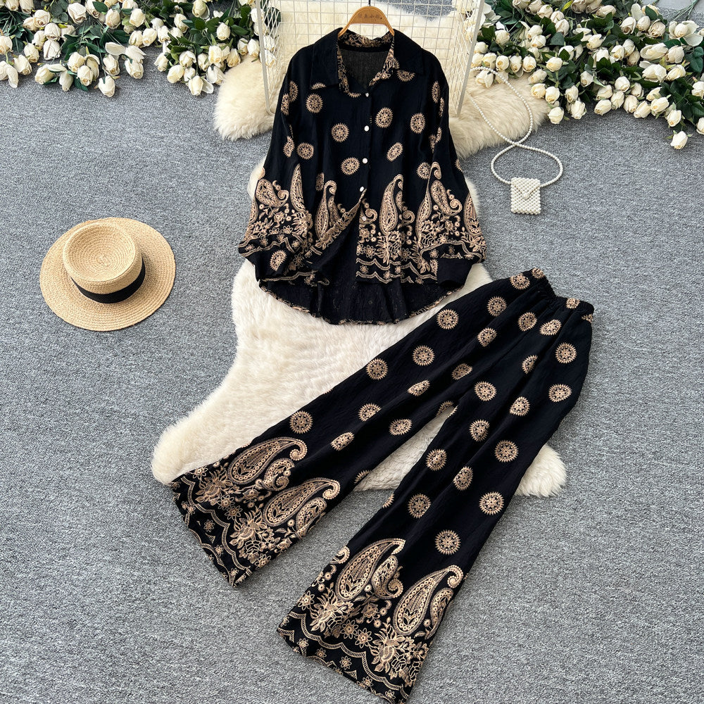 Retro ethnic style printingeleganttwo-piece set female autum puff sleeve polo collar silmloose pants royal sister suit