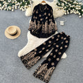 Retro ethnic style printingeleganttwo-piece set female autum puff sleeve polo collar silmloose pants royal sister suit